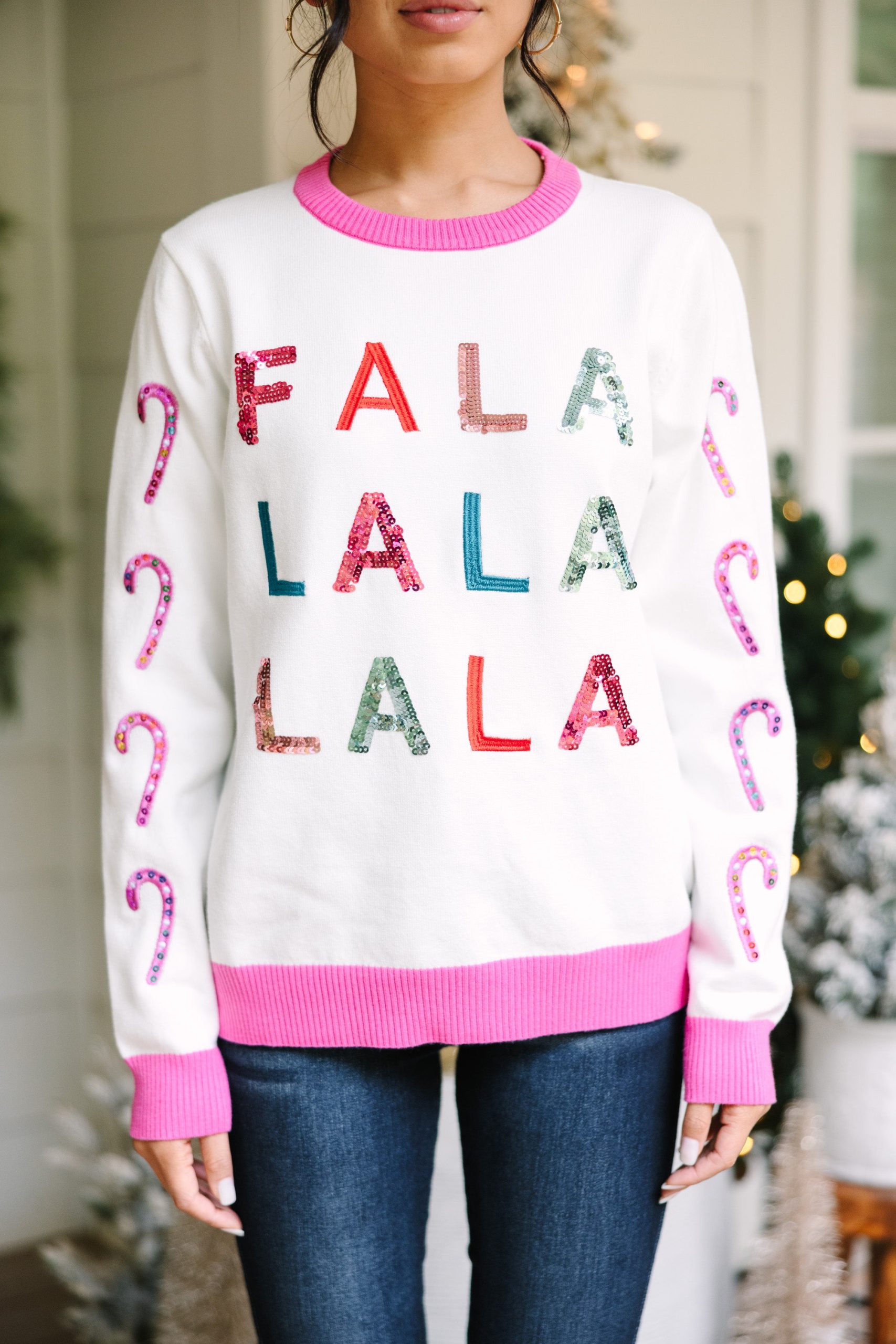 Falalalalala White Candy Cane Sleeve Sweater - Image 4